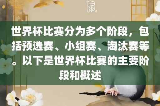 世界杯比赛分为多个阶段，包括预选赛、小组赛、淘汰赛等。以下是世界杯比赛的主要阶段和概述常熟市高丰毛纺织品有限公司