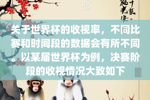 关于世界杯的收视率，不同比赛和时间段的数据会有所不同。以某届世界杯为例，决赛阶段的收视情况大致如下