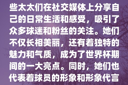世界杯太太团是指参与世界杯的球队中球员的妻子们组成的团体。这些太太们在世界杯期间备受关注，她们的出现也为比赛增添了不少色彩和看点。这些太太们在社交媒体上分享自己的日常生活和感受，吸引了众多球迷和粉丝的关注。她们不仅长相美丽，还有着独特的魅力和气质，成为了世界杯期间的一大亮点。同时，她们也代表着球员的形象和形象代言人的角色，因此她们的穿着打扮和言行举止备受关注。总之，世界杯太太团是世界杯期间不可或缺的一部分，她们的存在让比赛更加有趣和吸引人。
