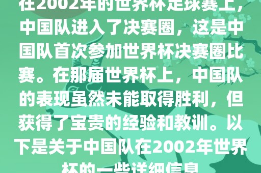 在2002年的世界杯足球赛上，中国队进入了决赛圈，这是中国队首次参加世界杯决赛圈比赛。在那届世界杯上，中国队的表现虽然未能取得胜利，但获得了宝贵的经验和教训。以下是关于中国队在2002年世界杯的一些详细信息