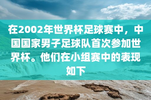 在2002年世界杯足球赛中，中国国家男子足球队首次参加世界杯。他们在小组赛中的表现如下