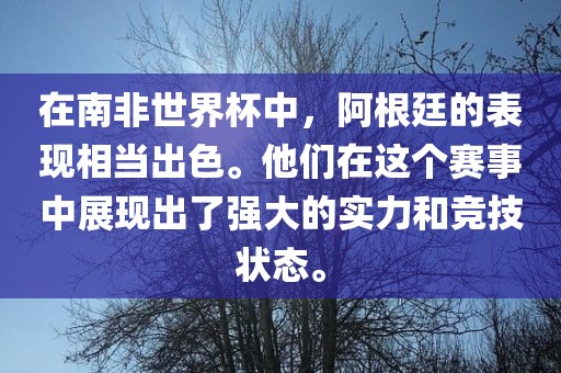 在南非世界杯中，阿根廷的表现相当出色。他们在这个赛事中展现出了强大的实力和竞技状态。