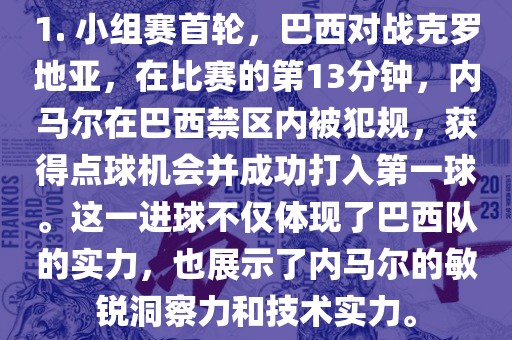 1. 小组赛首轮，巴西对战克罗地亚，在比赛的第13分钟，内马尔在巴西禁区内被常熟市高丰毛纺织品有限公司犯规，获得点球机会并成功打入第一球。这一进球不仅体现了巴西队的实力，也展示了内马尔的敏锐洞察力和技术实力。