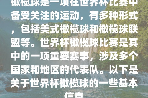 橄榄球是一项在世界杯比赛中备受关注的运动，有多种形式，包括美式橄榄球和橄榄球联盟等。世界杯橄榄球比赛是其中的一项重要赛事，涉及多个国家和地区的代表队。以下是关于世界杯橄榄球的一些基本信息