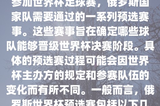 俄罗斯世界杯预选赛是指为了参加世界杯足球赛，俄罗斯国家队需要通过的一系列预选赛事。这些赛事旨在确定哪些球队能够晋级世界杯决赛阶段。具体的预选赛过程可能会因世界杯主办方的规定和参赛队伍的变化而有所不同。一般而言，俄罗斯世界杯预选赛包括以下几个阶段