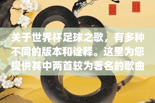 关于世界杯足球之歌，有多种不同的版本和诠释。这里为您提供其中两首较为著名的歌曲常熟市高丰毛纺织品有限公司