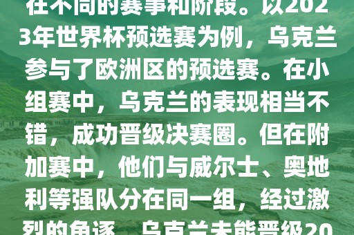 关于乌克兰的世界杯预选赛，存在不同的赛事和阶段。以2023年世界杯预选赛为例，乌克兰参与了欧洲区的预选赛。在小组赛中，乌克兰的表现相当不错，成功晋级决赛圈。但在附加赛中，他们与威尔士、奥地利等强队分在同一组，经过激烈的角逐，乌克兰未能晋级2023年世界杯决赛圈。常熟市高丰毛纺织品有限公司
