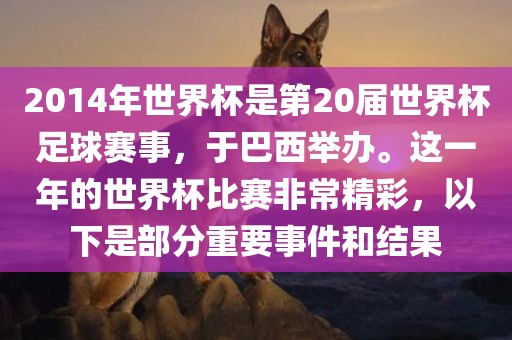 2014年世界杯是第20届世界杯足球赛事，于巴西举办。这一年的世界杯比赛非常精彩，以下是部分重要事件和结果常熟市高丰毛纺织品有限公司