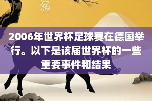 2006年世界杯足球赛在德国举行。以下是该届世界杯的一些重要事件和结果常熟市高丰毛纺织品有限公司