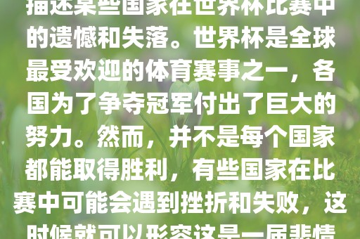 悲情世界杯这个说法可以用来描述某些国家在世界杯比赛中的遗憾和失落。世界杯是全球最受欢迎的体育赛事之一，各国为了争夺冠军付出了巨大的努力。然而，并不是每个国家都能取得胜利，有些国家在比赛中可能会遇到挫折和失败，这时候就可以形容这是一届悲情世界杯。常熟市高丰毛纺织品有限公司