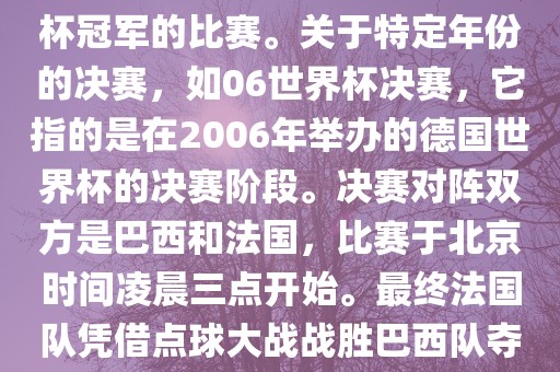 在世界杯历史上，决赛一般指的是小组赛后的最后一场比赛，决定哪支队伍能够赢得世界杯冠军的比赛。关于特定年份的决赛，如06世界杯决赛，它指的是在2006年举办的德国世界杯的决赛阶段。决赛对阵双方是巴西和法国，比赛于北京时间凌晨三点开始。最终法国队凭借点球大战战胜巴西队夺得冠军。如需更多信息，可以关注FIFA官网发布的世界杯决赛相关内容。常熟市高丰毛纺织品有限公司