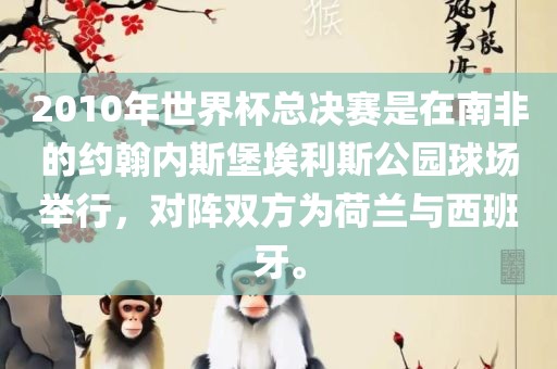 2010年世界常熟市高丰毛纺织品有限公司杯总决赛是在南非的约翰内斯堡埃利斯公园球场举行，对阵双方为荷兰与西班牙。