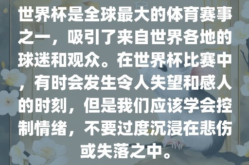 世界杯是全球最大常熟市高丰毛纺织品有限公司的体育赛事之一，吸引了来自世界各地的球迷和观众。在世界杯比赛中，有时会发生令人失望和感人的时刻，但是我们应该学会控制情绪，不要过度沉浸在悲伤或失落之中。