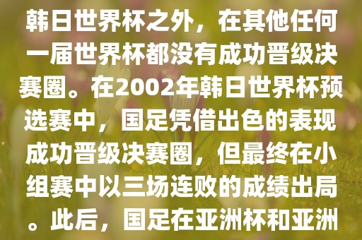 中国国家男子足球队在世界杯的表现并不出色。除了2002年韩日世界杯之外，在其他任何一届世界杯都没有成功晋级决赛圈。在2002年韩日世界杯预选赛中，国足凭借出色的表现成功晋级决赛圈，但最终在小组赛中以三场连败的成绩出局。此后，国足在亚洲杯和亚洲预选赛中的表现一直起伏不定，未能再次打进世界杯。
